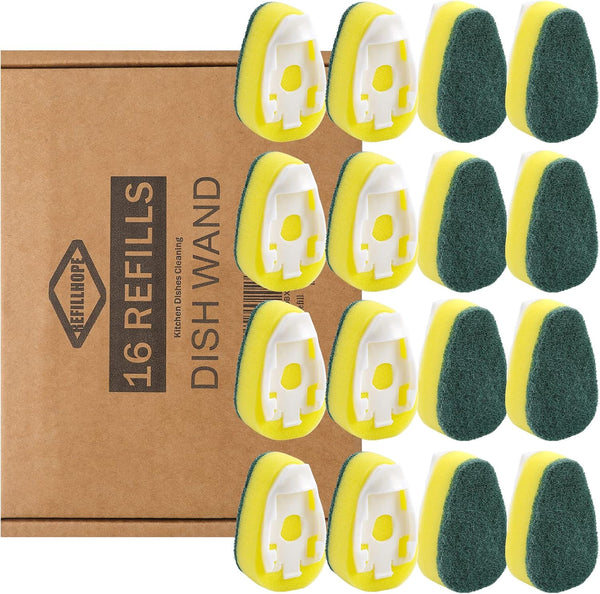 Dish Wand Refills 16 Pack - Durable Sponge Replacement Heads for Common Dish Wand for Kitchen Cleaning