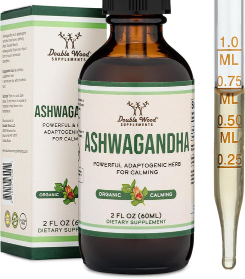 Double Wood Ashwagandha Organic Drops for Stress Relief (1,200mg, 60 Servings) - Adrenal Support, Cortisol Manager