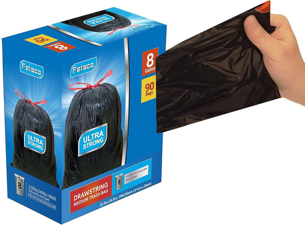 8 Gallon Black Trash Bags, 90 Count, 0.9 Mil, Drawstring Garbage Can Liners
