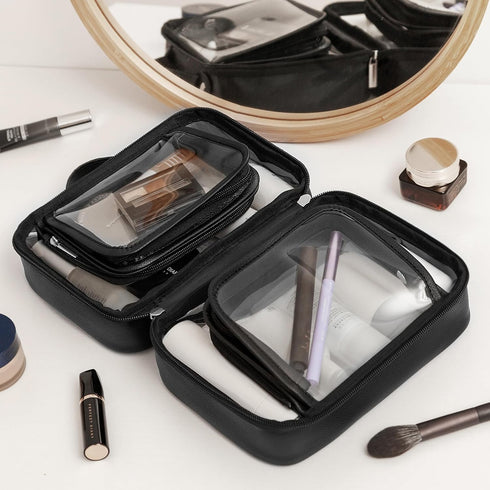 GRANNY SAYS TSA Approved Clear Makeup Bag, Portable Leather Travel Toiletry Bag for Women, Small Organizer (Black)