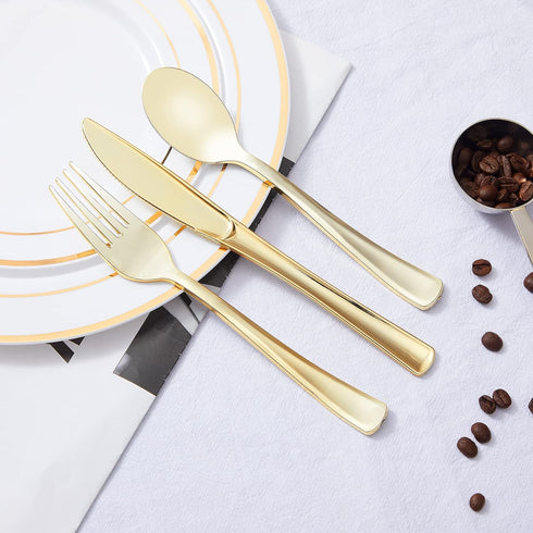N9R 100PCS Gold Plastic Silverware Set, Disposable Cutlery - 50 Forks, 25 Spoons, 25 Knives