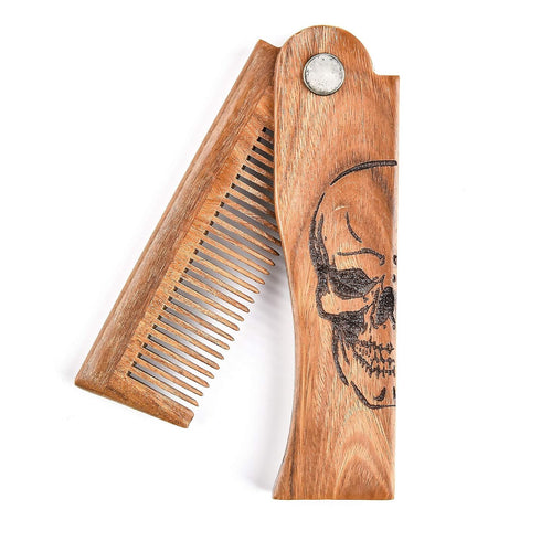 Men's Pocket Folding Wooden Beard Comb Set with Leather Travel Case, Green Sandalwood Hair Combs (Skeleton)