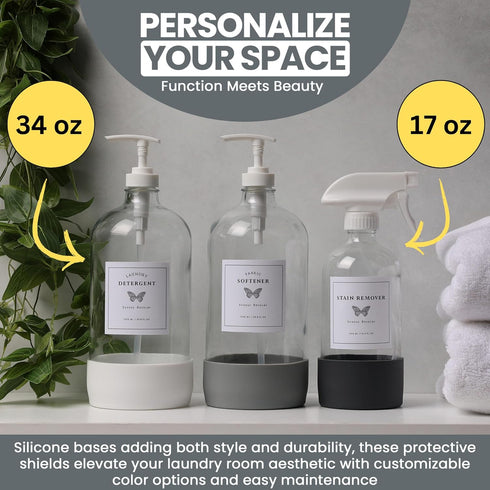 Set 34 oz 2, 17 oz 1 Glass Laundry Detergent Dispenser w/Silicone Base, Laundry Pump Dispensers x Laundry Dispenser x