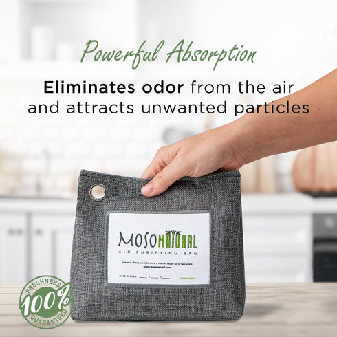 Moso Natural Air Purifying Bag Large 600g (21oz) A Premium Scent Free Bamboo Charcoal Odor Absorber. Kitchen, Bedroom, Basement, Large Room. Luxury Stand Up Design. Two Year Lifespan.