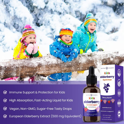 Black Elderberry for Kids Liquid Drops - 10:1 Extract Sambucus Elderberry Syrup for Immune Support, 4 Month Supply