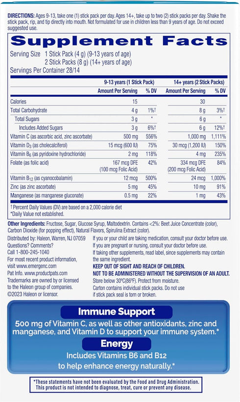 Immune Immune 28 Packs Emergen-C Plus Crystals, On-the-Go Support Supplement with Vitamin C, Vitamin D, B Vitamins
