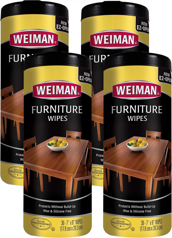 Weiman Wood Cleaner and Polish Wipes, 4 Pack (120 Wipes), Furniture Beautifier with UV Protection, Pleasant Scent
