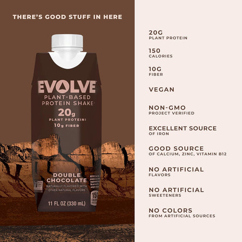Evolve Plant Based Protein Shake, Double Chocolate, 20g Vegan Protein, Dairy Free, Non-GMO, 10g Fiber, 11 Fl Oz (Pack