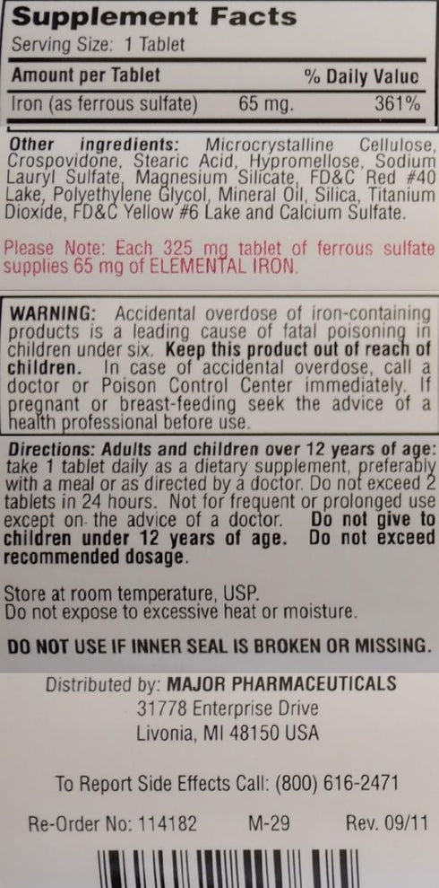 Ferrous Sulfate FC 325mg (5GR) Generic for Feosol Red Tablets 100 Tablets per Bottle 2 PACK Total 200 tablets