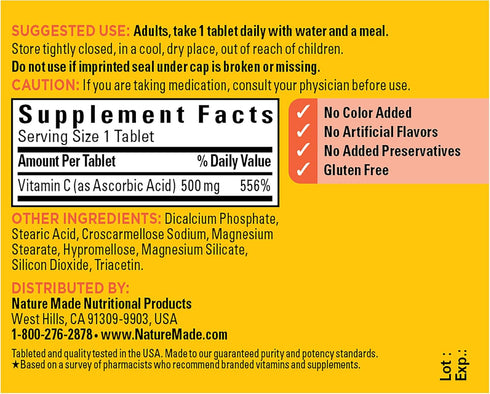 Nature Made Vitamin C 500 mg Dietary Supplement, 100 Tablets - Immune Support, 100 Day Supply