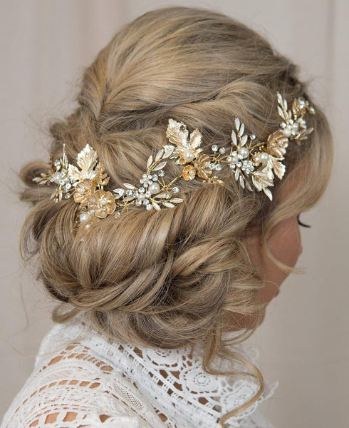 Kercisbeauty Vintage Gold Flower Leaf Headband, Rhinestones Pearl Hair Vine Bridal Tiara for Women