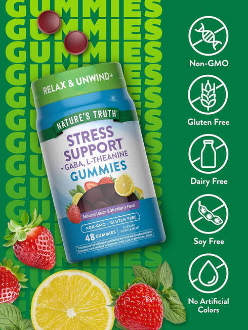 Gummies Nature's Truth Stress Relief for Adults | with Gaba, L Theanine, and Lemon Balm | Lemon Strawberry Flavor |