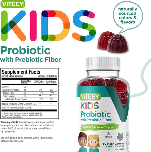 Probiotic Gummies for Kids Plus Prebiotics Fiber - 2 Billion CFUs - Chewable Probiotic Berry Flavored Gummy