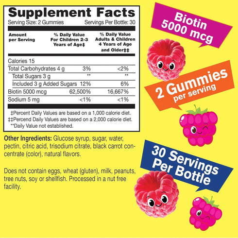 Biotin Gummies for Kids 5000 mcg - Supports Hair Growth, Skin Health, and Nails - Natural Sourced Flavors - GMO Free, Gluten Free - Gummy for boys and girls - 60 Count