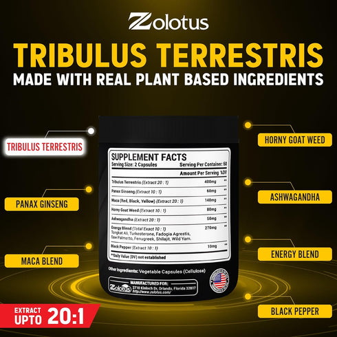 13in1 Tribulus Terrestris Capsules - 16000mg Per Serving with Maca, Horny Goat Weed, Panax Ginseng, Saw Palmetto, Tongkat Ali, Shilajit & More - Energy, Stamina Supplement for Men & Women - 120 Counts