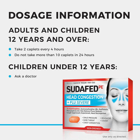Sudafed PE Head Congestion + Flu Severe Decongestant Tablets for Adults, 24 ct