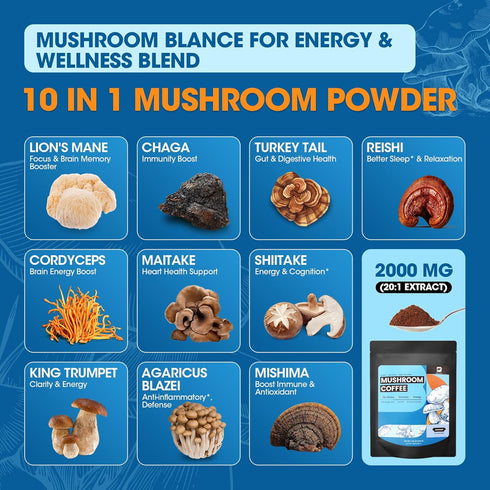 Immunity, 60 B BEWORTHS Mushroom Coffee Powder with Ashwagandha, L-theanine, Lion's Mane, Reishi, Chaga, Cordyceps