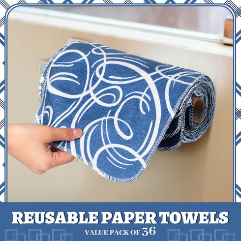 36 Pack Reusable Paper Towels Washable Paperless Towels Rolls Reusable Toilet Bidet Towels Bulk Flannel Cotton Cloth Towels Wipes Bathroom Napkins with Cardboard(Blue, Geometric Style)