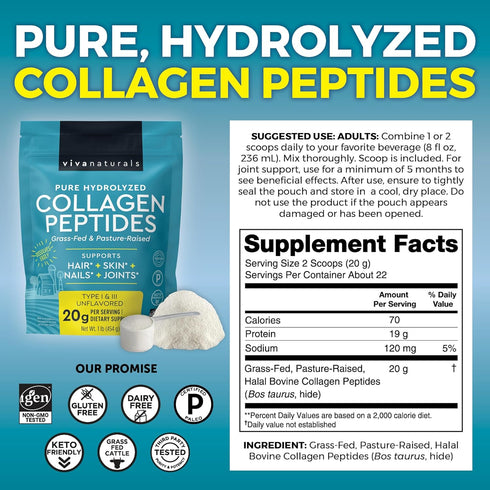 Viva Naturals Hydrolyzed Collagen Peptides Powder - 1 lb Grass-Fed & Pasture-Raised Collagen for Women, Type I & III Unflavored Bovine Collagen Powder, Collagen Protein Powder for Hair, Skin, & Nails