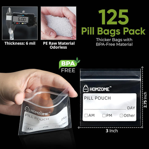 Homzome 6 -Pack 125- 3x2.75 inches (Pack 125) Pill Bags mil of BPA Free Reusable Pill Pouches for Medicine with Write