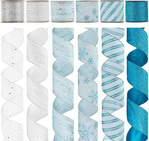 HUIHUANG Blue Ribbon for Christmas Tree, 2-1/2" x 6 Rolls, Blue and Silver Wired for Home Decor