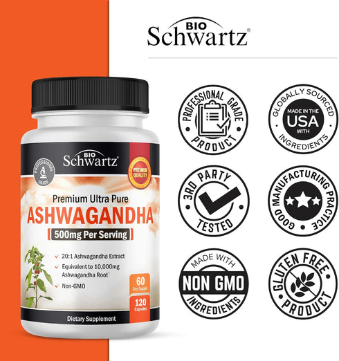 Ashwagandha Supplements - Extra Strength 500mg Capsules with 20 to 1 Root Extract, Stress Relief, Vegan Safe, 60