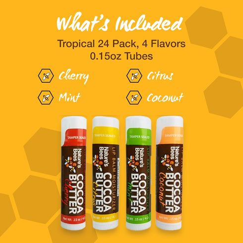 Nature's Bees Cocoa Butter Lip Balm, Lip Care for Dry Lips, 0.15 oz Each, 4 Flavors, 24 Pack
