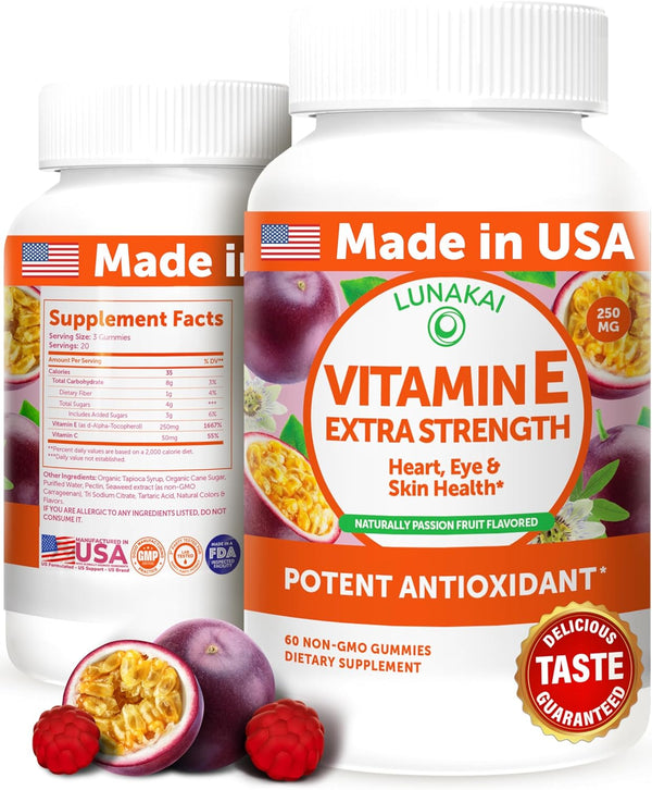 Vitamin E Gummies with Vitamin C | 60 Count | 250mg (400IU) Vit E | Antioxidant, Skin & Eye Health Support, Non-GMO
