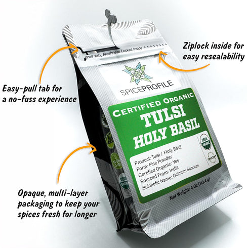 Spice Profile | USDA Certified Organic Holy Basil (Tulsi Leaf) Powder | Resealable 4oz Pouch | For Vitality & Wellness | Perfect for Teas & Drinks