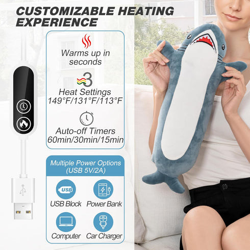 Shark Heating Pad for Period Cramps & Menstrual Pain Relief, Cute Heated Stuffed Animal Heating Pad Plush, Portable USB
