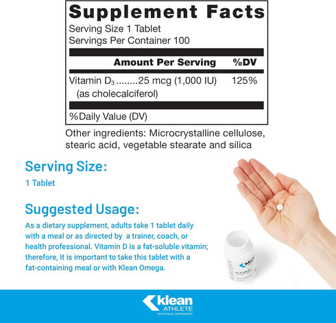 Klean ATHLETE Klean-D 25 mcg (1,000 IU) | 100 Tablets NSF Certified for Sport, Targeted Support for Vitamin D