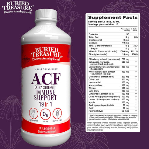 Buried Treasure ACF Extra Strength Immune Support, 16oz with Dose Cup, Vitamins and Herbs for Dietary Immunity Boost