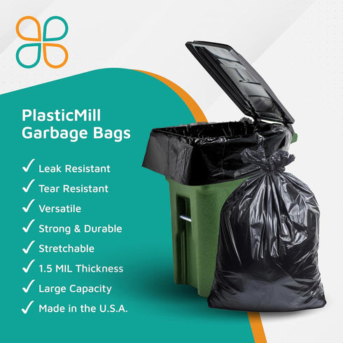 PlasticMill 95-Gallon 1.5 61"x68" (10-Count) Heavy Duty Trash Bags - Black Garbage Bags - Plastic Trash Bags for Large