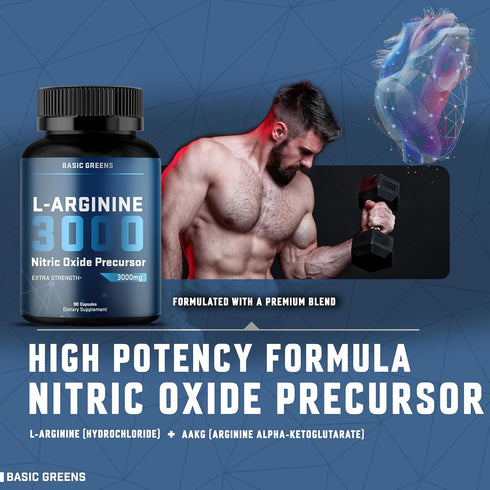 L-Arginine 3000mg Nitric Oxide Supplement for Men and Women - Non-GMO Vegan Capsules for Circulation, Energy,