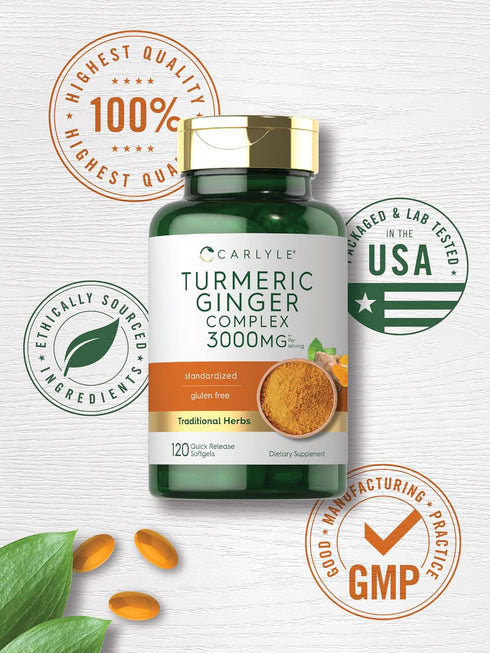 Carlyle Turmeric Curcumin Complex Supplement 3000 mg | 120 Softgel Capsules | Non-GMO, Gluten Free, Ginger