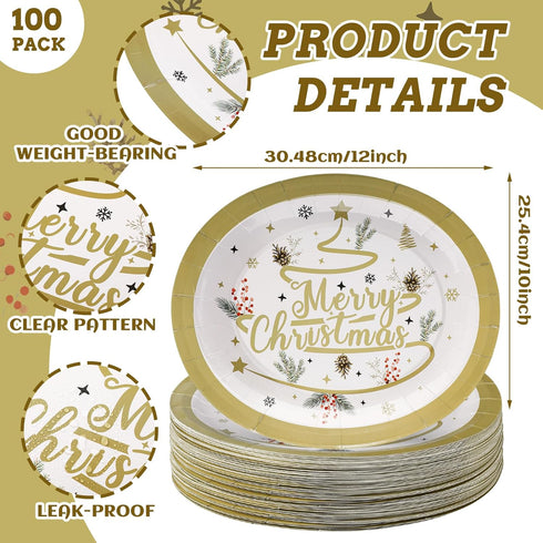 Suttmin 50 10'' 12'' Pcs Merry Christmas Oval Paper Plates Happy Holiday Disposable Paper Plates x Dinner Gold
