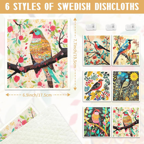 Swedish Dishcloths for Kitchen, 6-Pack Reusable Paper Towels with 3 Clips, Strong Absorbent Microfiber Towels