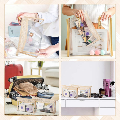 Boho Clear Cosmetic Bag - 2Pcs Waterproof Toiletry Bag Travel Makeup Bag, Beige Transparent PVC Zipper Pouch for Women