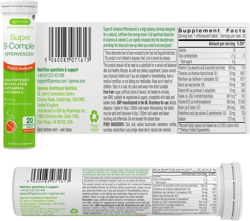 Super B-Complex Liquid B-Vitamin Effervescent Drink, 20 Tablets, Methylated, Vegan, Sugar-Free, Orange Flavor