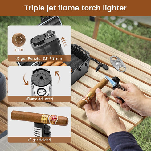 Flauno Travel Cigar Humidor - Portable Cigar Case Kit with Lighter (Without Gas), Cutter, Holder, Humidifier & Dropper,