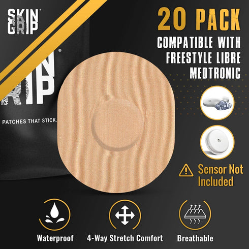 Skin Grip CGM Sensor Patches, Compatible with Medtronic Guardian (20-Pack), Waterproof & Sweatproof, Tan
