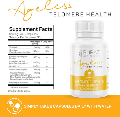 Telomere Supplements with Astragalus Root Extract and Collagen, Superior Immune Support, 60 Capsules