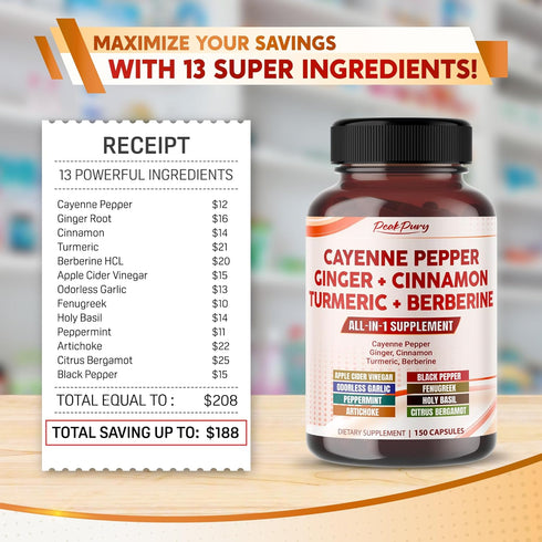 Cayenne Pepper 8000mg, Ginger 3000mg, Turmeric 2500mg, Berberine 2500mg - Digestion & Gut Health Support - Made in USA