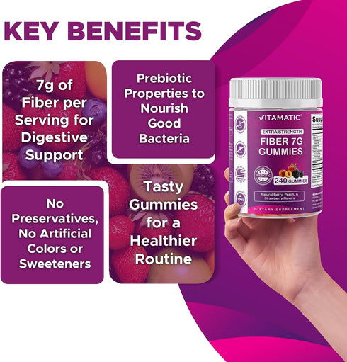 Gummies 7G 240 Gummies, Vitamatic Prebiotic Fiber for Adults, Extra Strength, Zero Sugar Added, Pectin Based Digestive