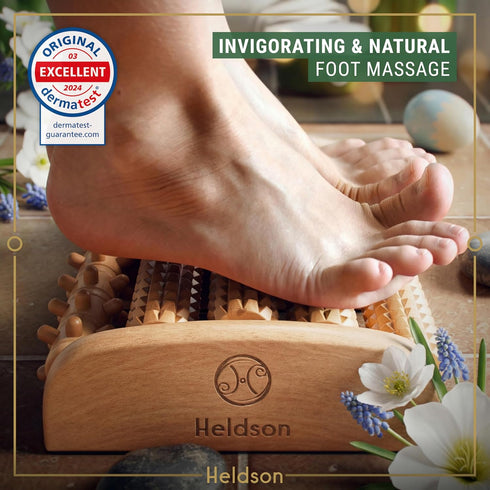 HELDSON Foot Massager Roller Plantar Fasciitis Pain Relief - Wooden Under Desk Feet Massage - Dual Manual Heel
