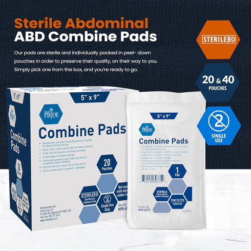 MED PRIDE Nonstick Sterile Abd Combine Pads, Extra Absorbent Surgical Dressing 5x9 in (20 Count, Pack of 1) for Heavy