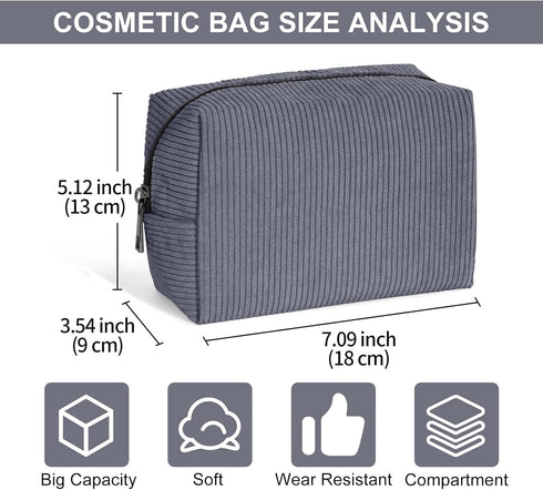 MAANGE Small Makeup Bag - Travel Cosmetic Pouch for Women, Corduroy Portable Zipper Pouch (Gray)