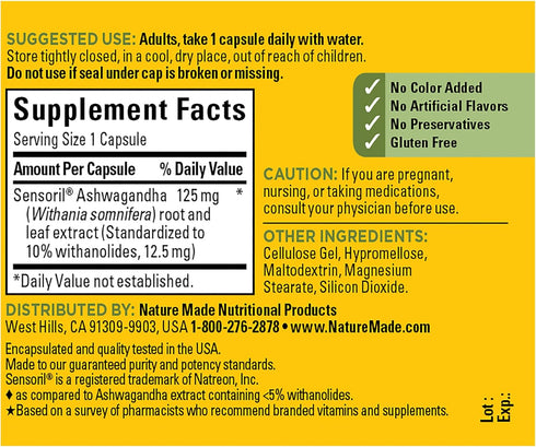 Nature Made Ashwagandha Capsules, 125mg for Stress Support, 60 Capsules, 60 Day Supply
