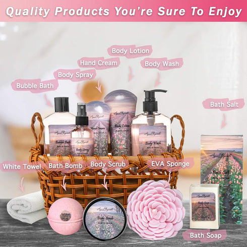 Spa Baskets for Women - Luxury Bath Set with Rose Oil & Orchid, Includes Wash, Bubble Bath, Lotion, Bath Salts, and More