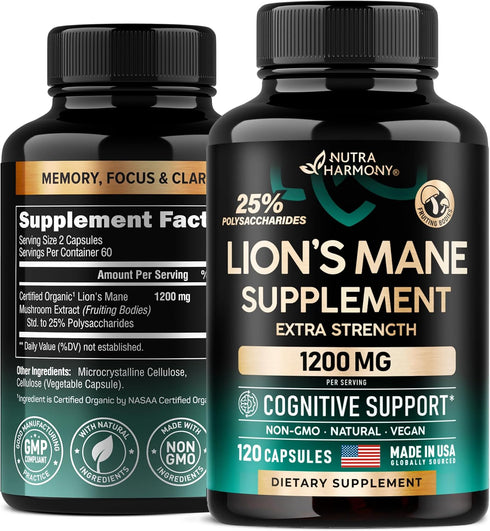 Organic Lion's Mane - 120 Capsules, 1200 mg for Memory & Focus, Made in USA, Fruiting Bodies Extract